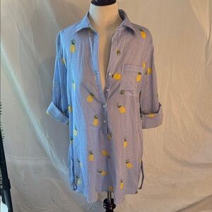 Striped Button-Up Shirt with Yellow Pineapple Accent - Blue & White